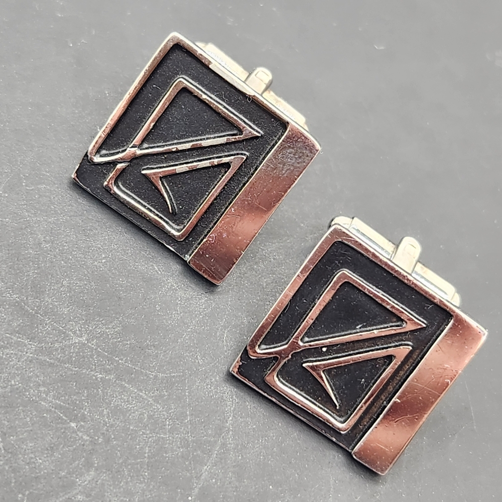 Vintage cufflinks silver tone black geometric square bullet back formal Gift